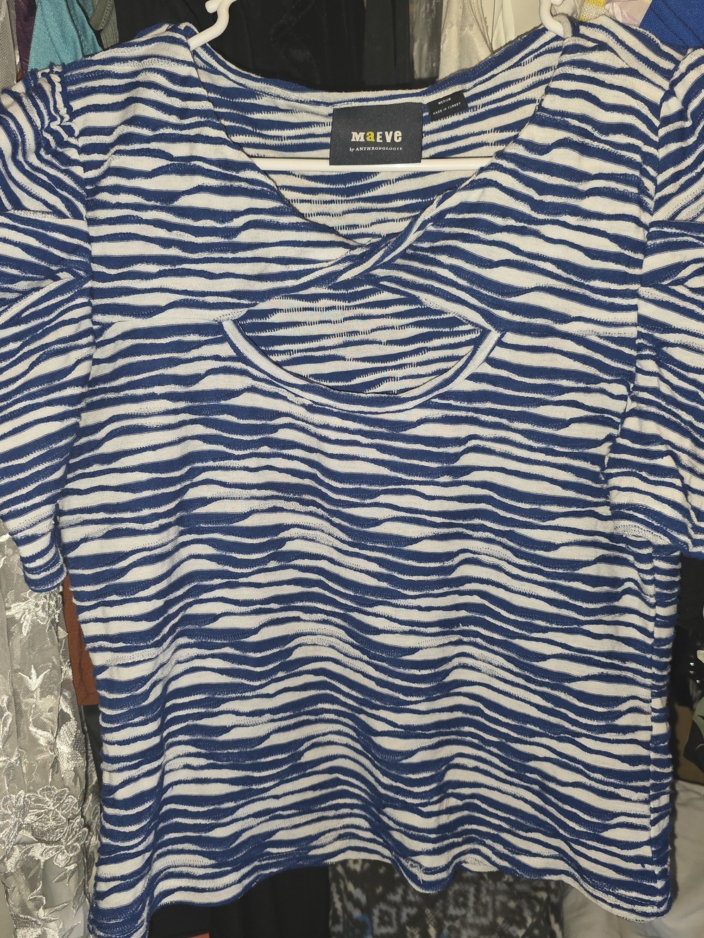 Anthropologie Maeve Blue and White Striped Short Sleeve Top with V Cutout
